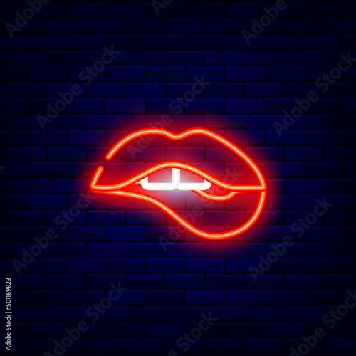 Biting red lips neon icon. Cosmetics shop. Intimate store. Beauty salon emblem. Shiny effect banner. Vector illustration