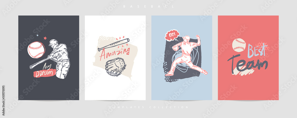 Fototapeta premium Collection of baseball vector designs. Print for t-shirt, hand drawing, typography design.