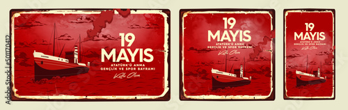 Fotografia 19 mayis Ataturk'u Anma, Genclik ve Spor Bayrami , 19 may Commemoration of Ataturk, Youth and Sports Day, Bandirma Vapuru Ship vintage vector illustration