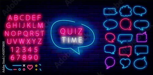 Quiz time neon sign. Shiny pink alphabet. Speech bubbles collection. Exam concept. Vector stock illustration