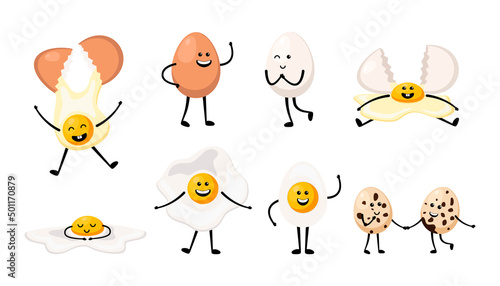 Funny eggs with cute faces cartoon illustration set. Chicken and quail eggs for breakfast. Happy boiled, hard-boiled, scrambled eggs characters. Easter, cooking, food, emotion concept