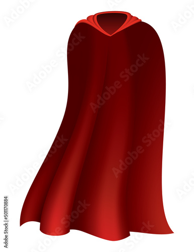 Superhero red cape. Scarlet fabric silk cloak in front view. Carnival masquerade dress, realistic costume design. Flying Mantle costume