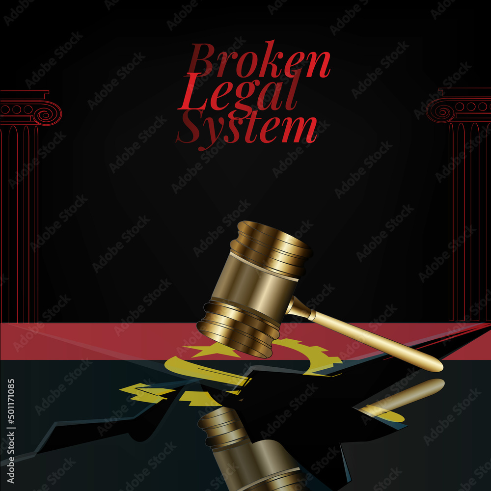 Angola's broken legal system concept art.Flag of Angola and a gavel