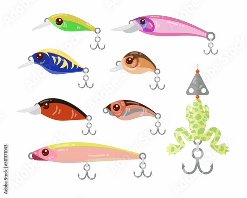 Artificial fishing bait cartoon illustration set. Fishing lures with hooks, jigs of different shapes isolated on white background. Sport, hobby, gear, recreation concept