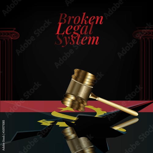 Angola's broken legal system concept art.Flag of Angola and a gavel