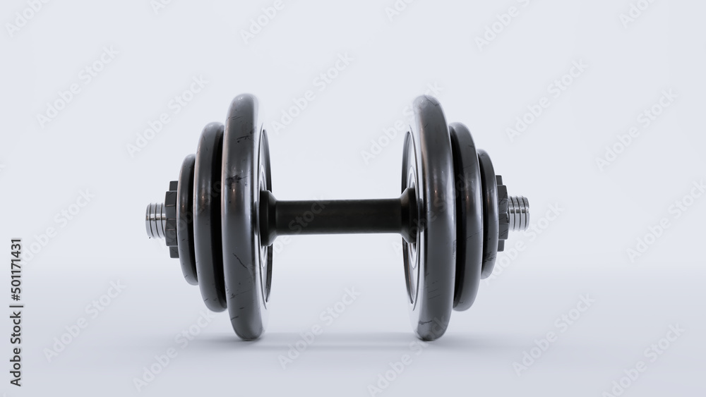 black metal dumbbells over white background, Gym, fitness and sports equipment symbol, 3D render black metal dumbbells over white background, Gym, fitness and sports equipment symbol, 3D render
