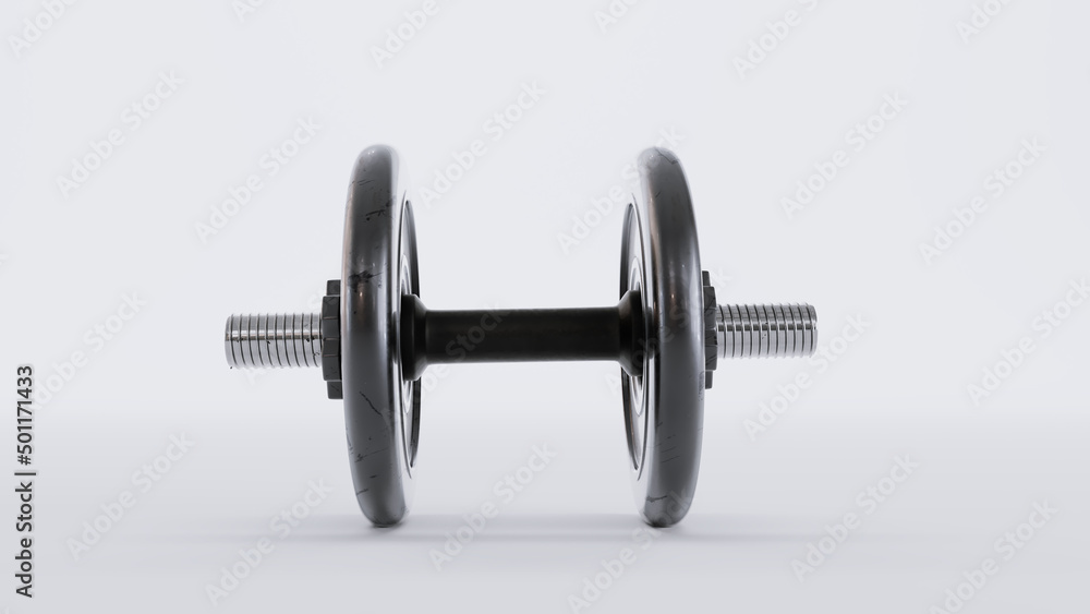 black metal dumbbells over white background, Gym, fitness and sports equipment symbol, 3D render black metal dumbbells over white background, Gym, fitness and sports equipment symbol, 3D render