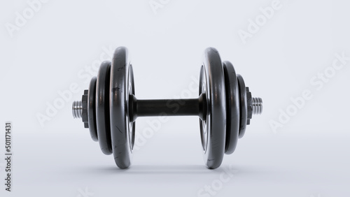 black metal dumbbells over white background, Gym, fitness and sports equipment symbol, 3D render