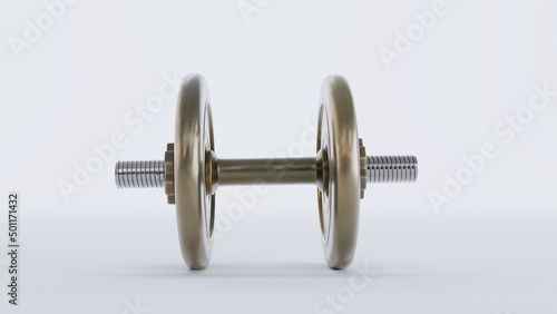 gold metal dumbbells over white background, Gym, fitness and sports equipment symbol, 3D render