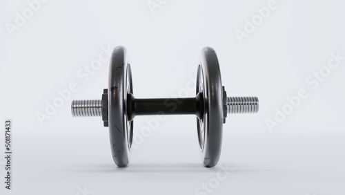 black metal dumbbells over white background, Gym, fitness and sports equipment symbol, 3D render