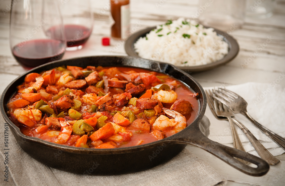 Jambalaya with shrimp and sausage, rice and red wine Jambalaya with shrimp and sausage, rice and red wine