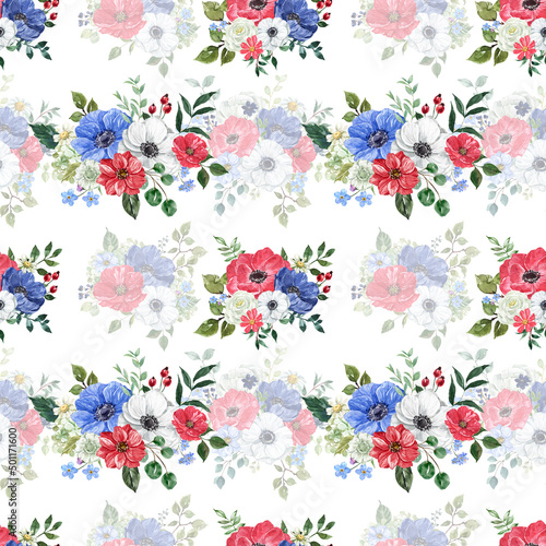 Watercolor floral seamless pattern with hand-painted red, white and blue flowers, green leaves on white background. Botanical wallpaper. 4th of July themed design.