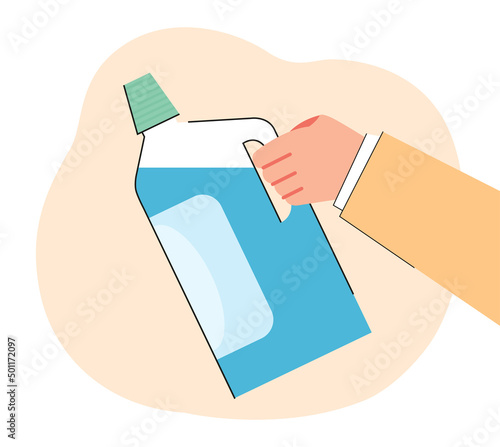 Hand of cleaner holding bleach or detergent. Person with washing agent for clothes or bathroom flat vector illustration. Hygiene, household or housework concept for banner or landing web page