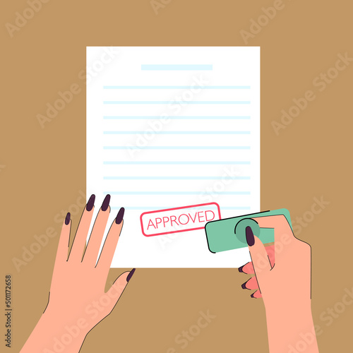 Hands of worker putting stamp of approval on document. Sheet of paper with word approved flat vector illustration. Agreement, approval, business concept for banner, website design or landing web page
