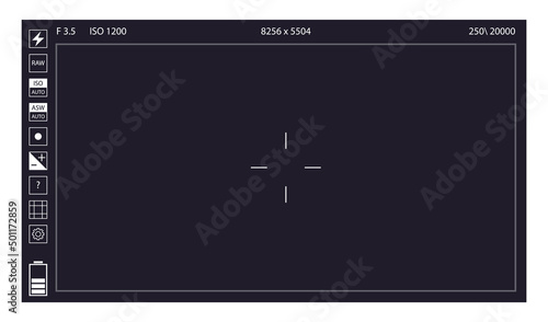 Camera viewfinder. Focusing screen recording. Black screen camera with video shooting parameters, photo quiality indicators. Digital zoom recording for modern vector bloggers