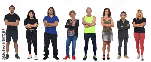 front view of a group of people with arms crossed on white background