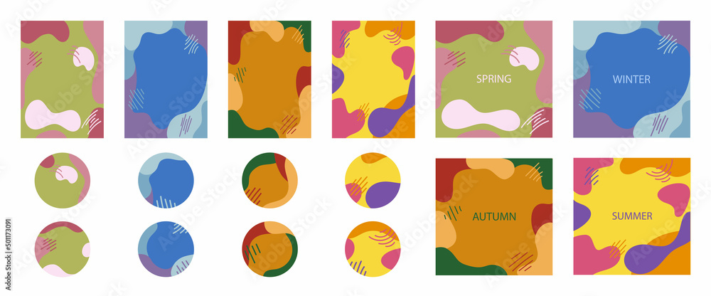 Fototapeta premium Big set of story templates and highlights covers. Abstract liquid backgrounds for social media stories. Vector set of logo design templates, icons and badges for social media instagram highlights