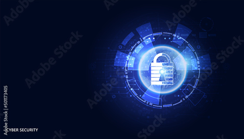 Abstract technology cyber security privacy information network concept padlock circle protection digital network internet link on hi tech blue future background