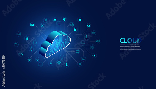 Abstract cloud technology with big data and interface concept Connection by collecting data in the cloud With large data storage systems on hi tech background.