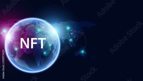 Abstract NTF Digital Image Concept world map Digital Irreplaceable Token The only original art in the system. On a modern background blue and purple Futuristic Digital