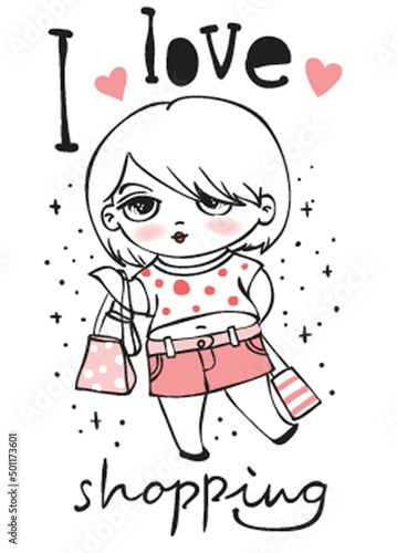 Card with fashion girl with packages and hand drawn lettering -I love shopping