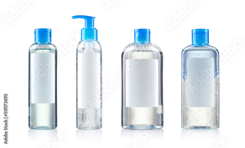 Set of plastic bottles for various cosmetic products, micellar water, gels for washing.