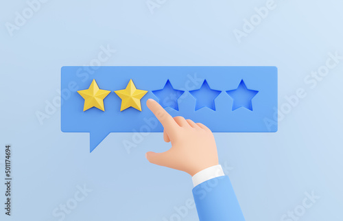 Customer review 3d render - human hand marking 2 star on speech buble. Negative client experience concept.