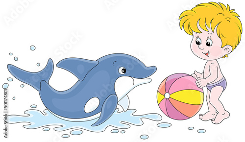 Happy little boy and a merry playful dolphin playing a colorful ball on a summer beach beside a sea, vector cartoon illustration isolated on a white background