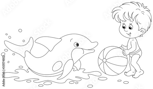 Happy little boy and a merry playful dolphin playing a big striped ball on a summer beach beside a sea, black and white outline vector cartoon illustration for a coloring book page
