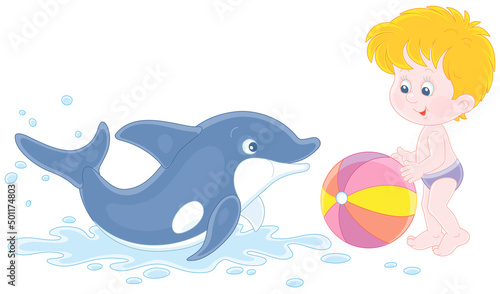 Happy little boy and a merry playful dolphin playing a colorful ball on a summer beach beside a sea, vector cartoon illustration isolated on a white background