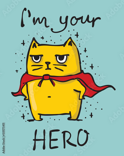 Cartoon vector illustration card with cute hero cat in cartoon design