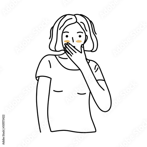 Girl covers her mouth with her hand in surprise. Black and white vector isolated illustration hand drawn. Amazement at what he heard or saw, shock or fright