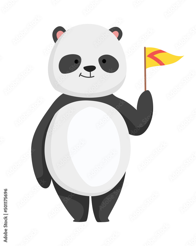 Naklejka premium Panda bear stand with flag and pose for photo. Cute big panda character. Asian wildlife cartoon animal. Adorable jungle wild mammal