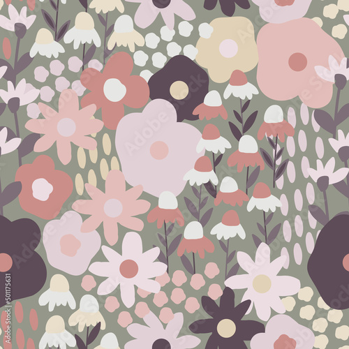Seamless pattern in sweet pastel colors, endless composition with cute hand d...