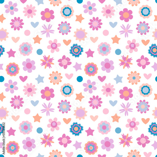 Lovely sweet seamless texture with flowers, hearts, stars. Cute childishs sea...