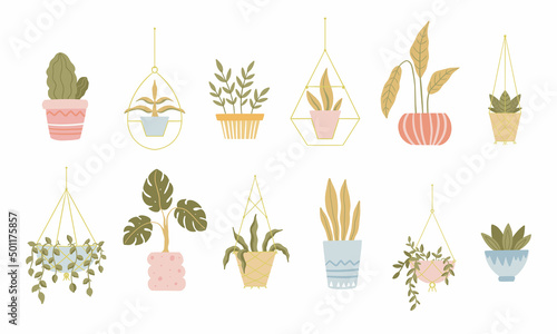 Set of home Macrame hangers for plants in Flowerpot. Trendy hand drawn houseplant in pot. Vector isolated illustration on white background