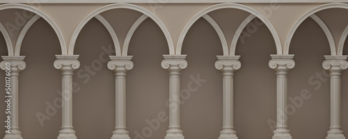 3D Ancient marble pillars in a row with light and shadow. Classic roman Colums stone, Pillars colonade, classical interior architecture, Ancient greek architecture with pillars. banner. 3d rendering.