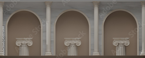 3D render Classic pillars pedestal with light and shadow on roman columns backdrops. classical interior marble architecture for showing product. Ancient greek architecture with pillars. 3d rendering.
