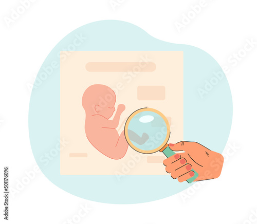 Hand of doctor holding magnifying glass to research human fetus. Medical checkup of embryo by person flat vector illustration. Pregnancy, care concept for banner, website design or landing web page