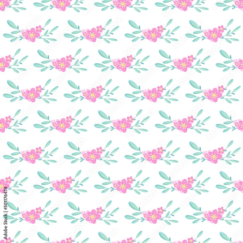 Seamless pattern with pink cherry blossoms on a white background
