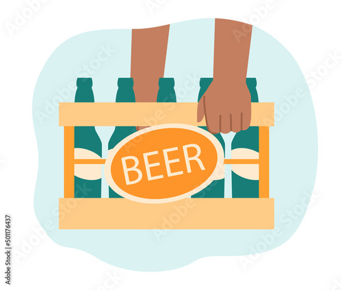 Bartenders or workers hands holding case with beer green bottles. Man carrying wooden box with alcohol drink flat vector illustration. Brewery concept for banner, website design or landing web page