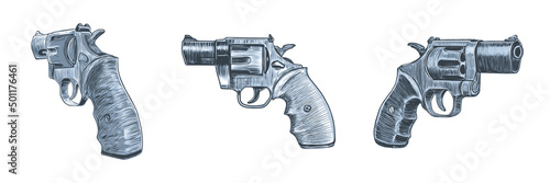 Three different angles of the revolver. Set of vector illustrations with weapons. Sketches of hand drawn pistols.