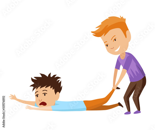 Kids bullying. Childish bullies or verbal and physical conflict between children. Bad child behavior, scared and strong angry children conflict, cartoon characters confrontation