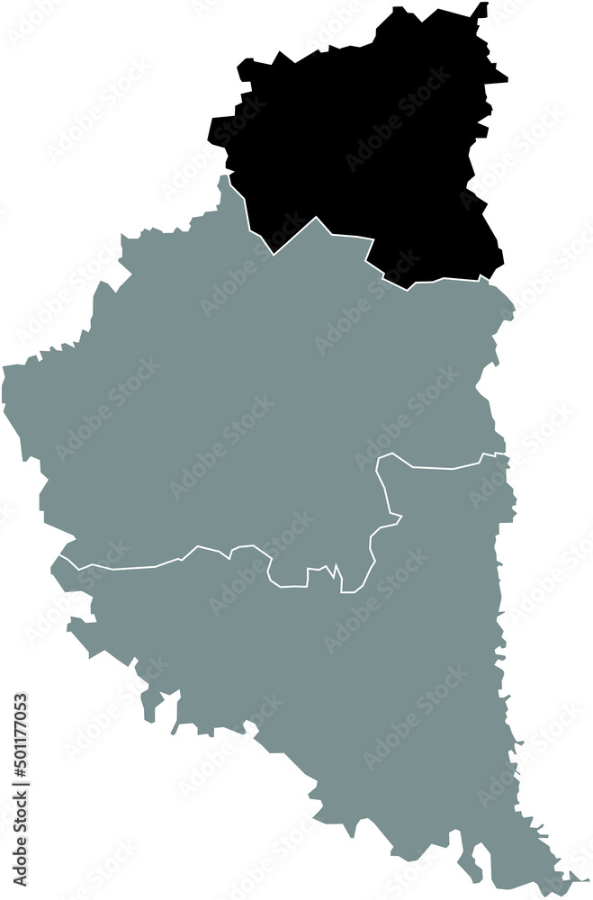 Black flat blank highlighted location map of the KREMENETS RAION inside gray raions map of the Ukrainian administrative area of Ternopil Oblast, Ukraine
