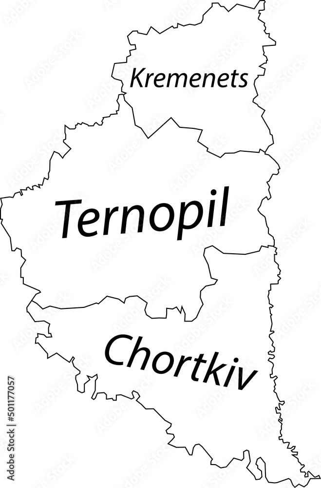 White flat vector map of raion areas of the Ukrainian administrative area of TERNOPIL OBLAST, UKRAINE with black border lines and name tags of its raions