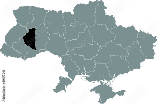 Black flat blank highlighted locator map of the Ukrainian administrative area of TERNOPIL OBLAST inside gray flat map of UKRAINE