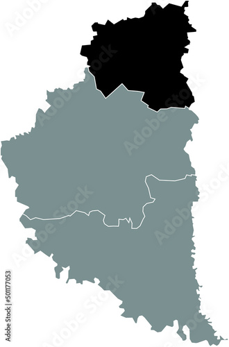 Black flat blank highlighted location map of the KREMENETS RAION inside gray raions map of the Ukrainian administrative area of Ternopil Oblast  Ukraine