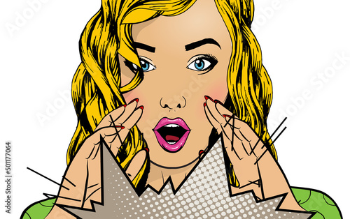 Comic book girl in pop art style. Emotional pretty woman trying to tell or announcing secret message. Beautiful lady keeping hand near her mouth
