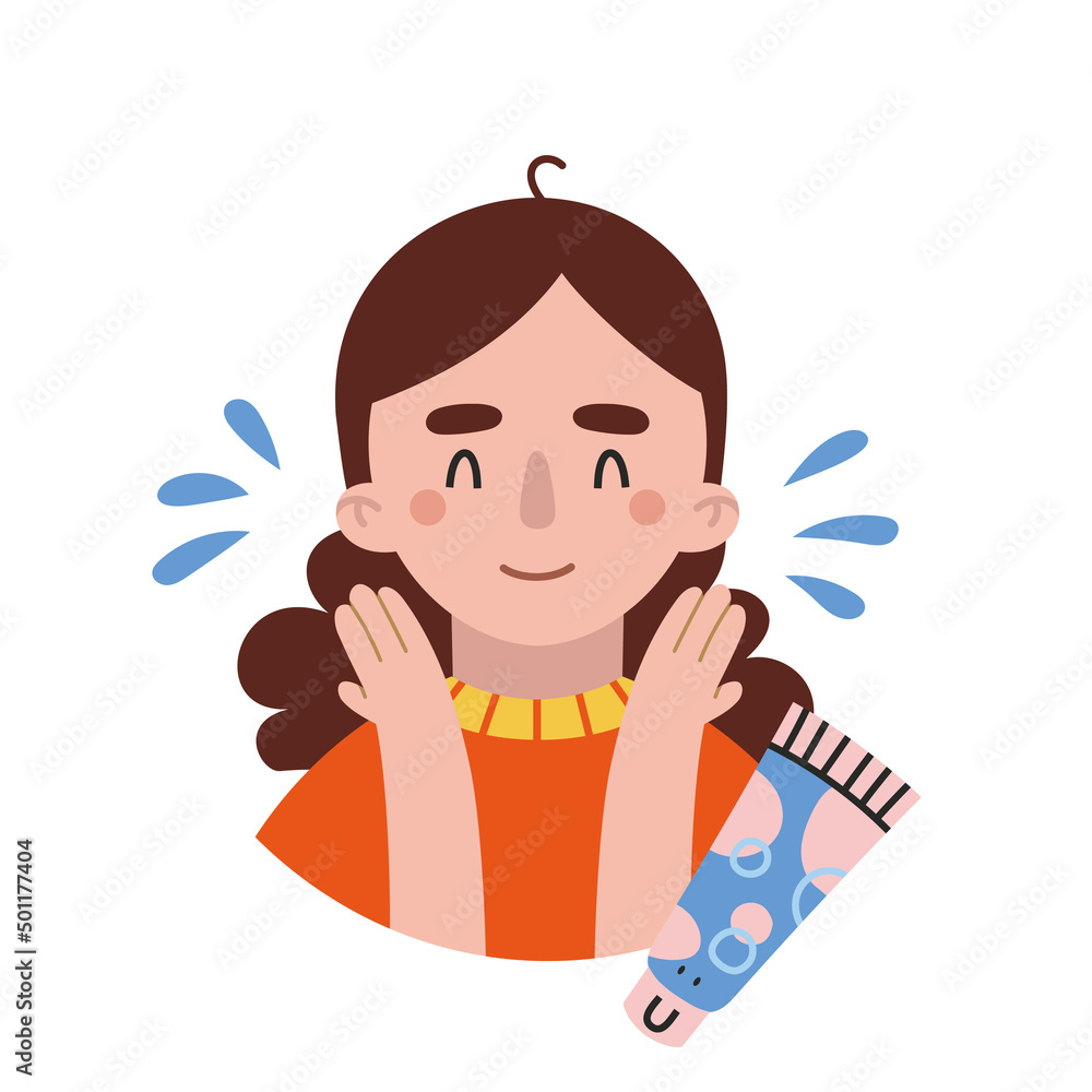 Girl applies foam cleanser, face skin care routine, cartoon style character Girl applies foam cleanser, face skin care routine, cartoon style character