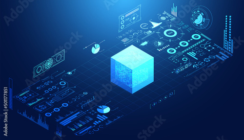 Abstract cube blockchain technology ui futuristic concept hud interface hologram elements of digital data chart, communication, computing and circle percent vitality innovation on hi tech future